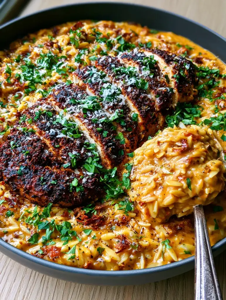 Cajun Chicken Alfredo Orzo: The Ultimate Creamy One-Skillet Blackened Chicken Dinner 1 A silver spoon lifting a creamy scoop of orzo from a grey skillet filled with Cajun chicken Alfredo orzo.