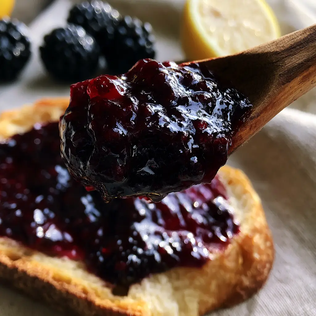 Blackberry Jam Recipe: The Ultimate Seedless Obsidian Preserve 1 Detailed view of dark purple jam spread unevenly on toasted sourdough bread.