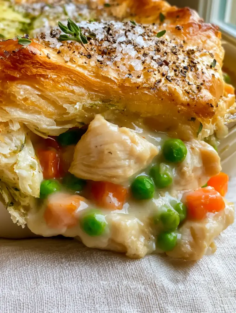 Pie Perfection: Flaky Chicken Pot Pie with Puff Pastry and Fresh Thyme 2 Macro close-up of a chicken pie cross-section with tender white meat chicken, bright green peas, and orange carrots. (pie)