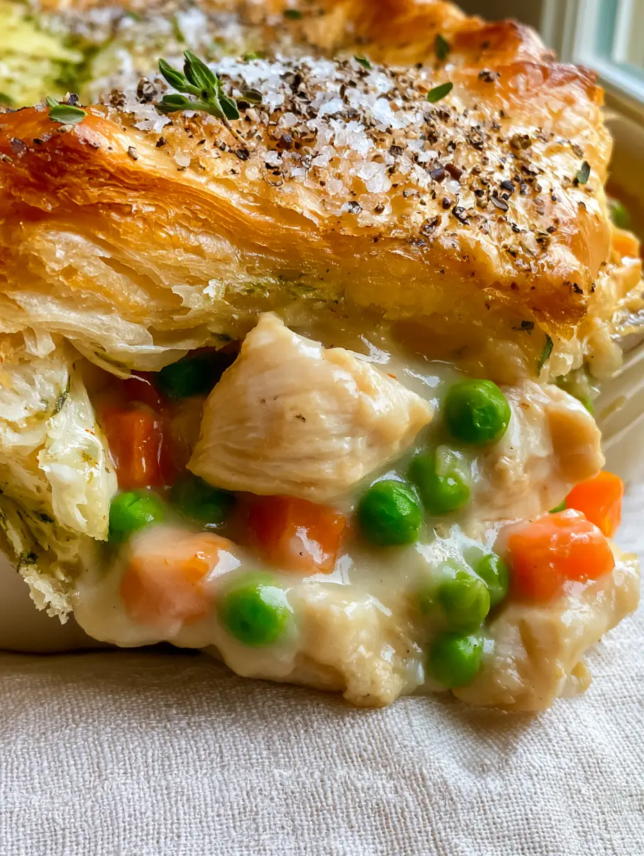 Pie Perfection: Flaky Chicken Pot Pie with Puff Pastry and Fresh Thyme 3 Macro close-up of a chicken pie cross-section with tender white meat chicken, bright green peas, and orange carrots. (pie)