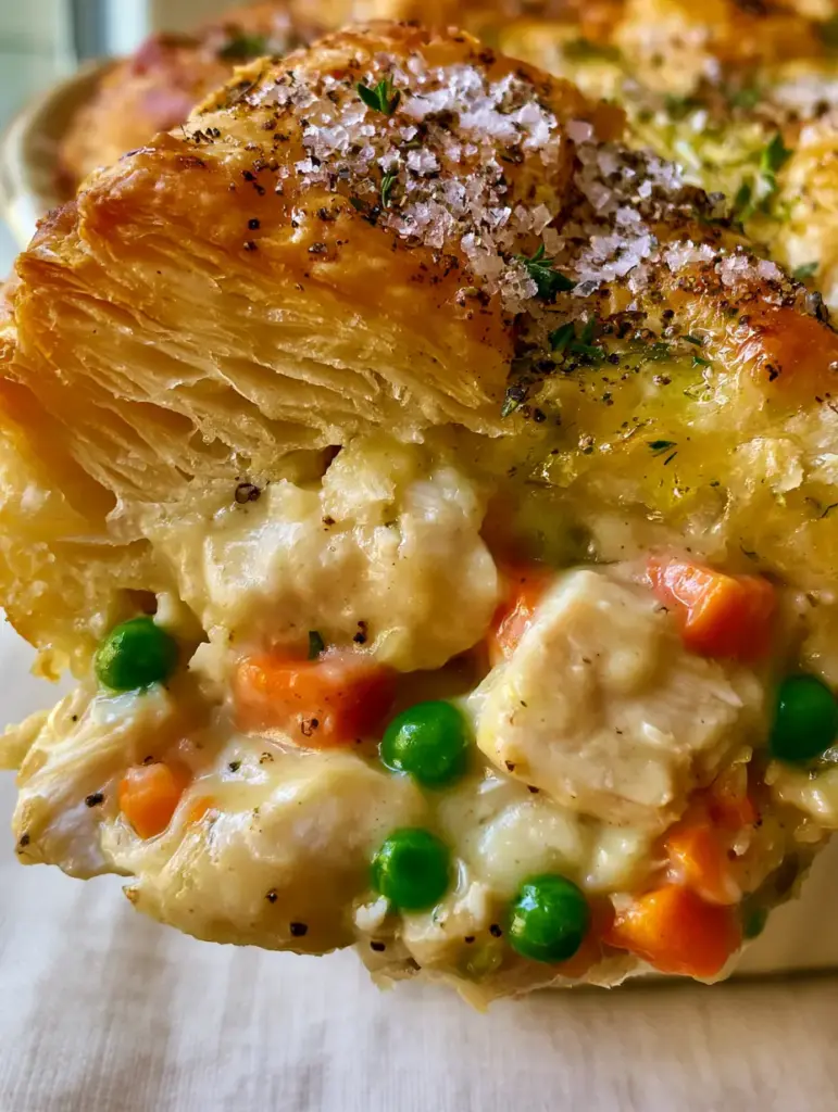 Pie Perfection: Flaky Chicken Pot Pie with Puff Pastry and Fresh Thyme 1 Overhead view of a golden brown puff pastry pie topped with flaky sea salt and fresh thyme leaves.