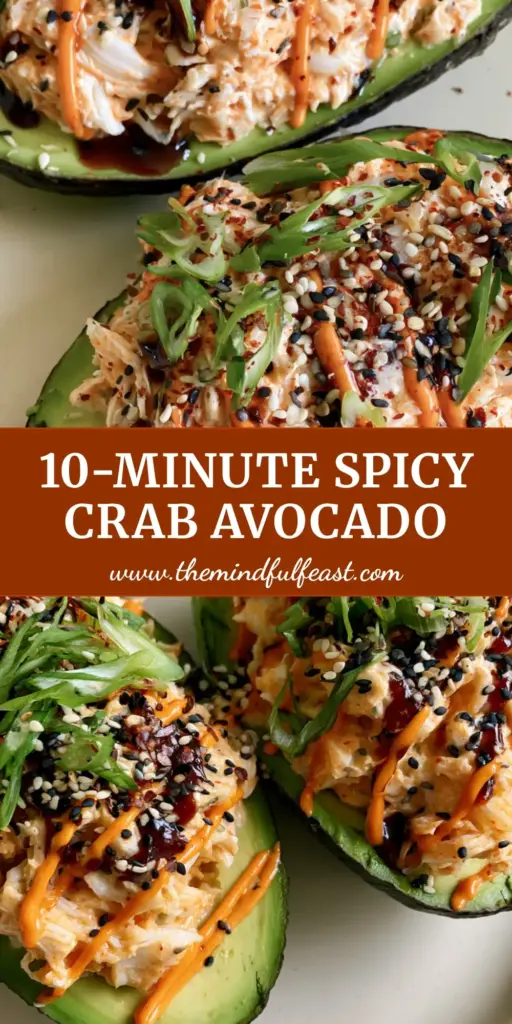 Spicy Crab Stuffed Avocado: The Ultimate High-Protein Umami Lunch 3 A close-up of two spicy crab stuffed avocado halves on a cream plate, drizzled with sriracha mayo and unagi sauce. (spicy crab stuffed avocado)
