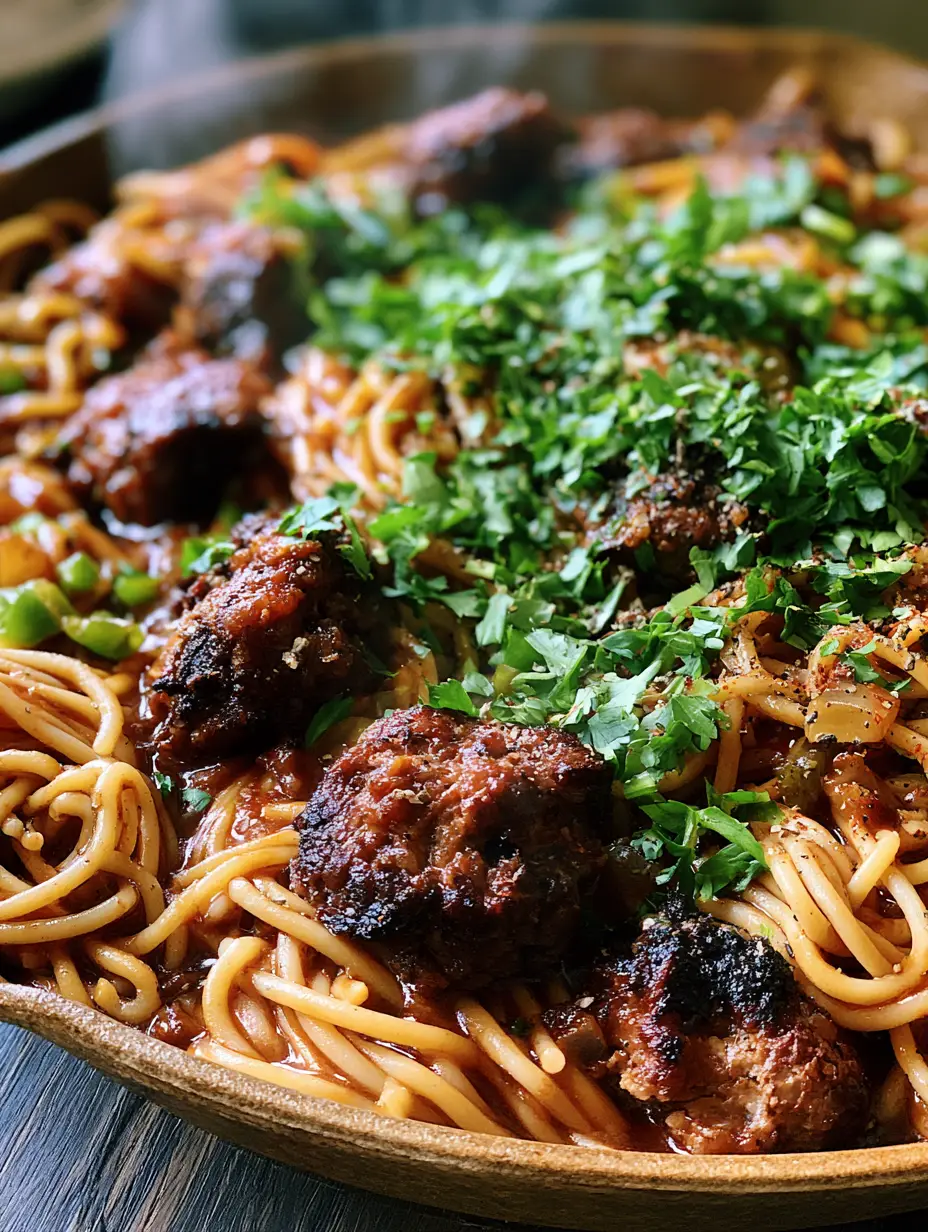 Cajun Dirty Spaghetti: A Bold Skillet Pasta Recipe with Charred Beef 4 Close-up of Cajun dirty spaghetti showing the glossy dark mahogany sauce and crispy charred edges of the ground beef. (Cajun dirty spaghetti)