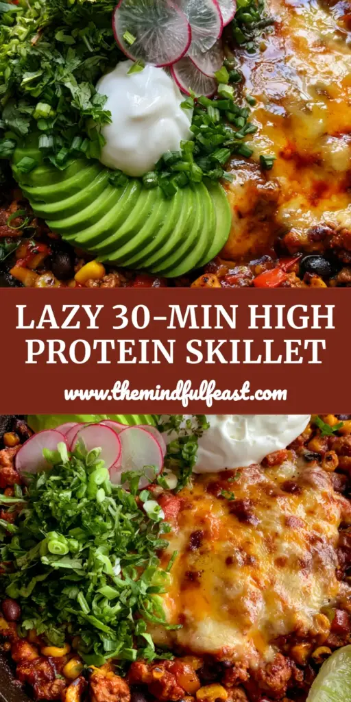 High Protein High Fiber Mexican Dinners: The Ultimate 30-Minute Turkey Skillet 4 A top-down view of a cast iron skillet filled with seared turkey, black beans, charred corn, and bubbling cheese, garnished with avocado and radishes. (high protein high fiber Mexican dinners)
