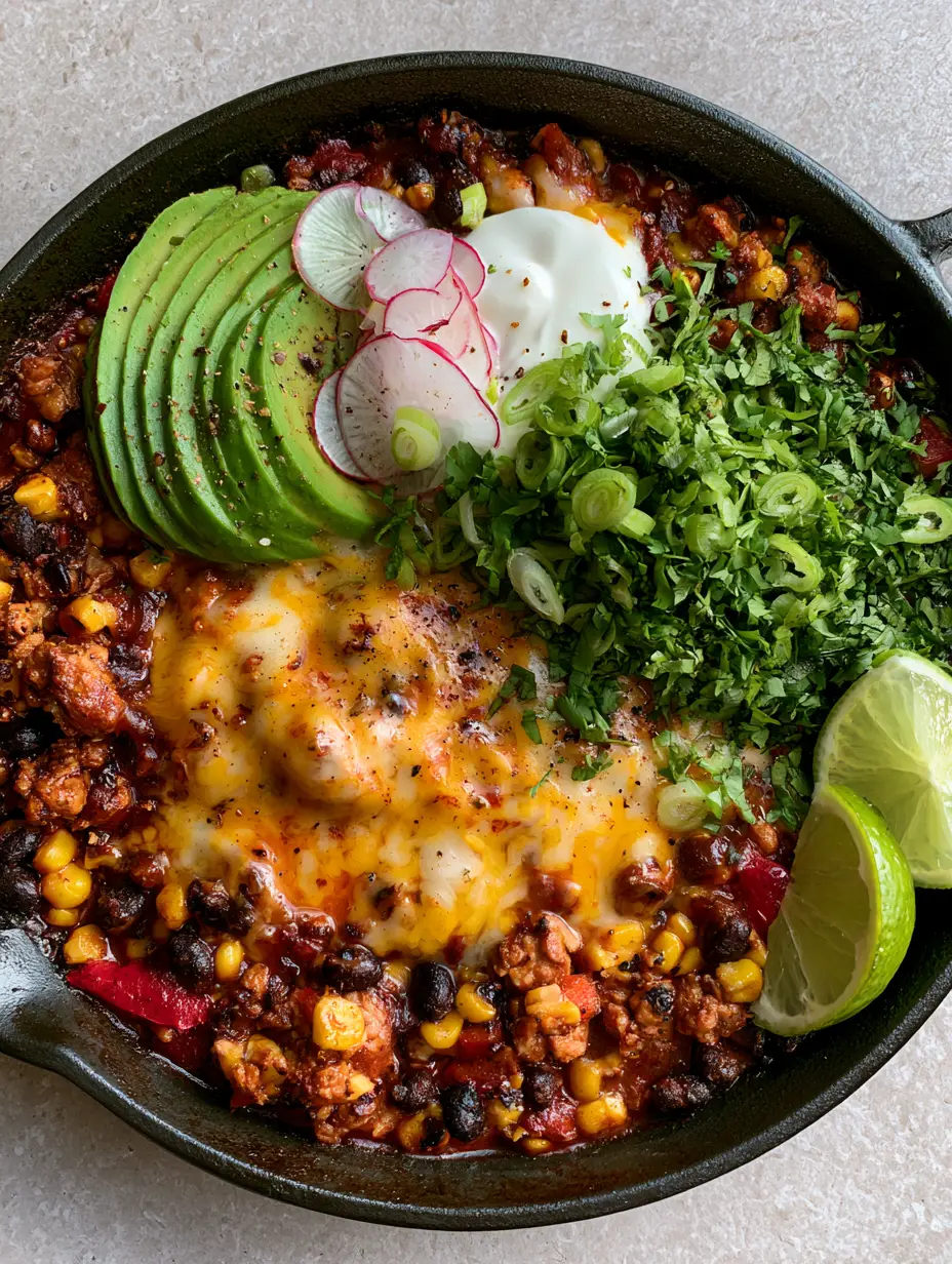 High Protein High Fiber Mexican Dinners: The Ultimate 30-Minute Turkey Skillet 3 Close up of sizzling Mexican turkey skillet with charred corn, fire-roasted peppers, and melted cheese in a black cast iron pan. (high protein high fiber Mexican dinners)