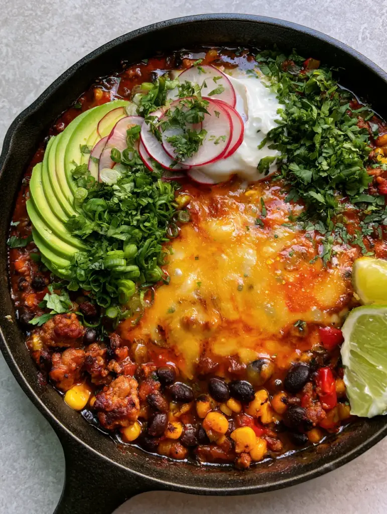 High Protein High Fiber Mexican Dinners: The Ultimate 30-Minute Turkey Skillet 1 A smartphone photo of a Mexican dinner skillet with avocado fans, Greek yogurt dollop, and translucent radish slices on a stone background.