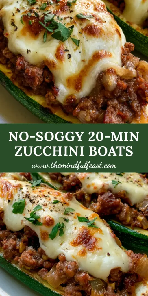 Stuffed Zucchini Boats with Ground Beef and Bubbly Mozzarella 4 A close-up of three Stuffed Zucchini boats with crumbly ground beef and bubbling toasted mozzarella on a rustic platter.