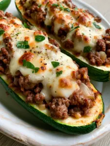 Macro shot of seared Stuffed Zucchini boats showing emerald green skin and toasted cheese highlights. (Stuffed Zucchini)