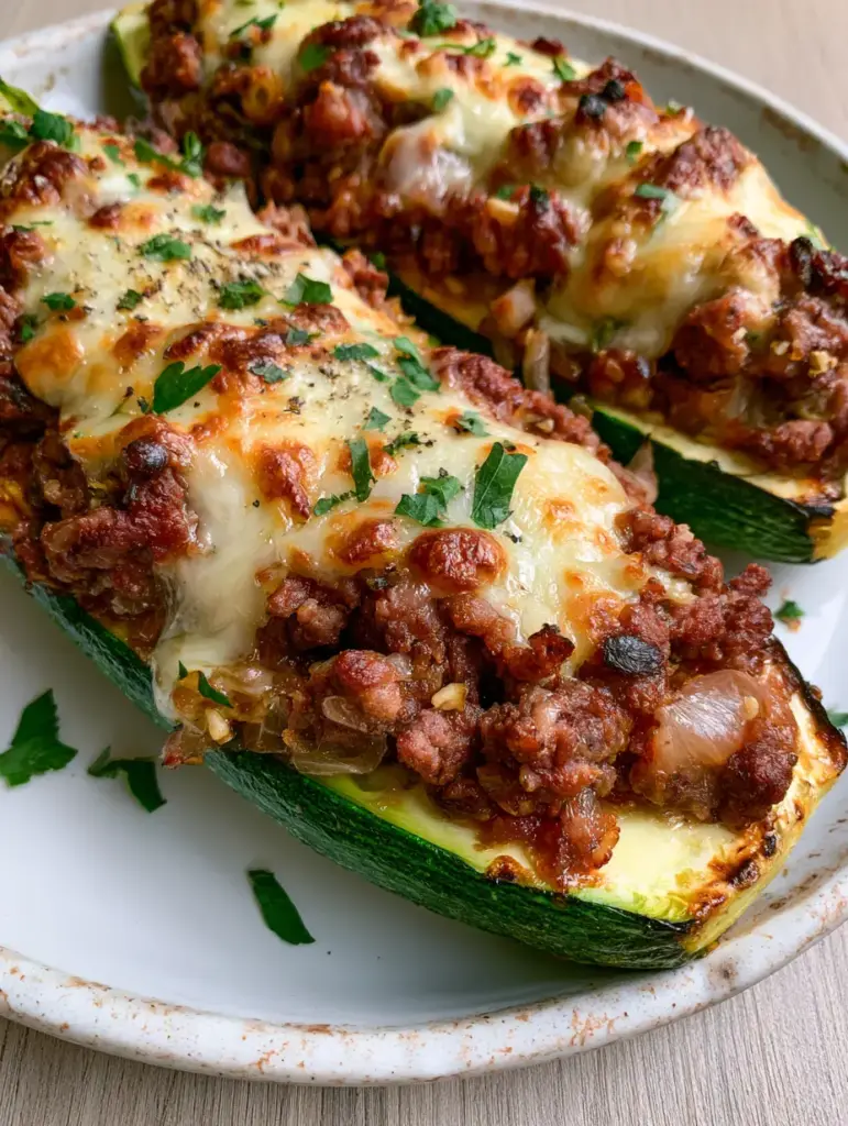 Stuffed Zucchini Boats with Ground Beef and Bubbly Mozzarella 1 Eye-level view of three zucchini boats topped with crumbly beef and melted mozzarella on a white ceramic platter. (Stuffed Zucchini)