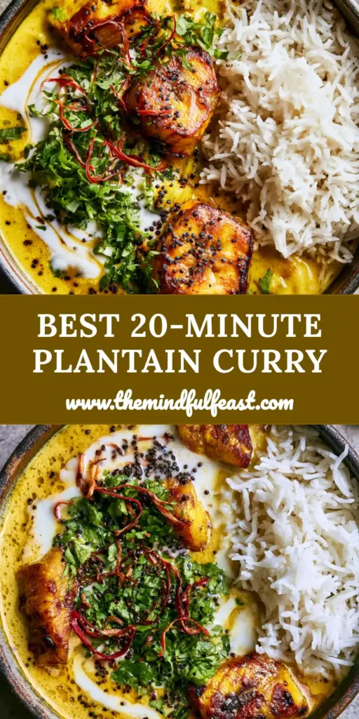 Plantain Curry with Pan-Seared Ripe Plantains and Creamy Coconut Milk 4 A top-down view of a golden-yellow plantain curry in a dark ceramic bowl with white coconut cream swirls and red chili threads. (plantain curry)
