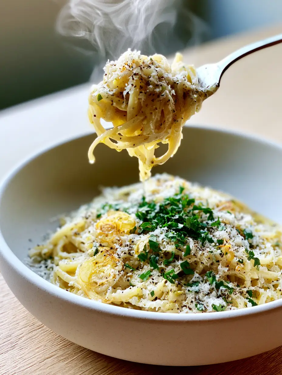 Garlic Butter Pasta: The Ultimate Guide to a Glossy Golden Emulsion 3 Top-down view of Garlic Butter Pasta in a matte white bowl with steam wisps and emerald parsley.