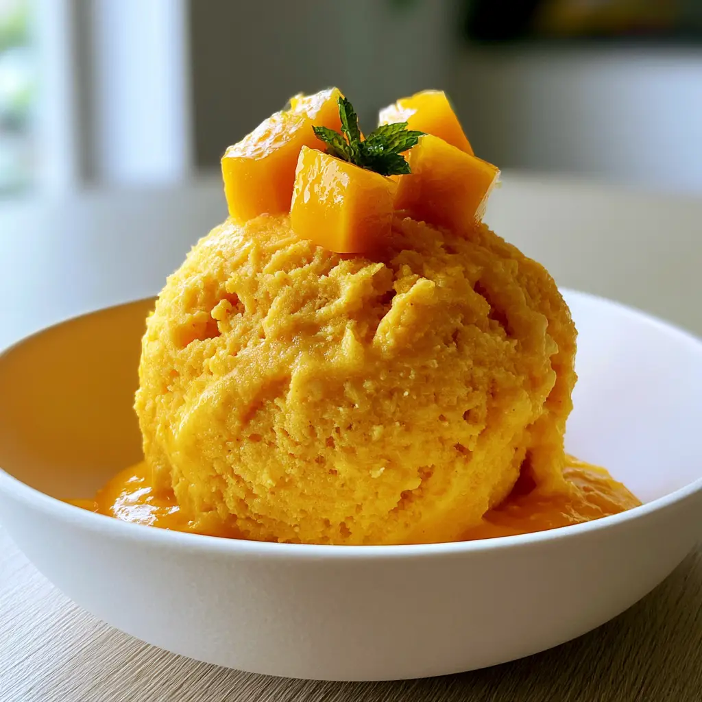 Mango Ice Cream: The Secret to a Velvety No-Churn Tropical Masterpiece 2 Macro handheld photo of mango ice cream showing dense texture and scoop-drag marks. (mango ice cream)