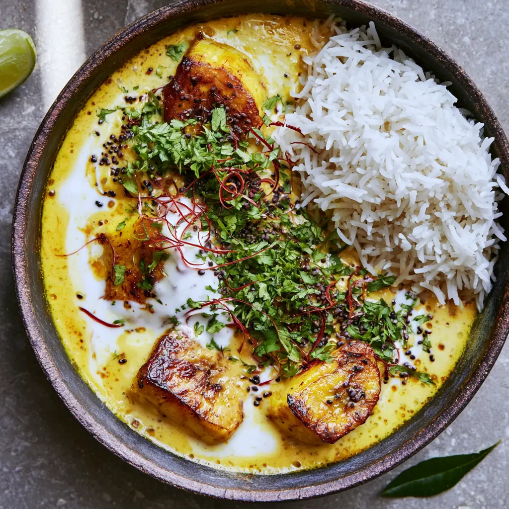 Plantain Curry with Pan-Seared Ripe Plantains and Creamy Coconut Milk 2 A close-up shot showing the thick coconut milk gravy simmer bubbles and caramelized plantain edges. (plantain curry)