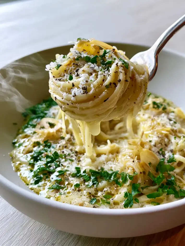 Garlic Butter Pasta: The Ultimate Guide to a Glossy Golden Emulsion 1 Close up shot of Garlic Butter Pasta showing tiny droplets of oil and micro-grated snowy parmesan.