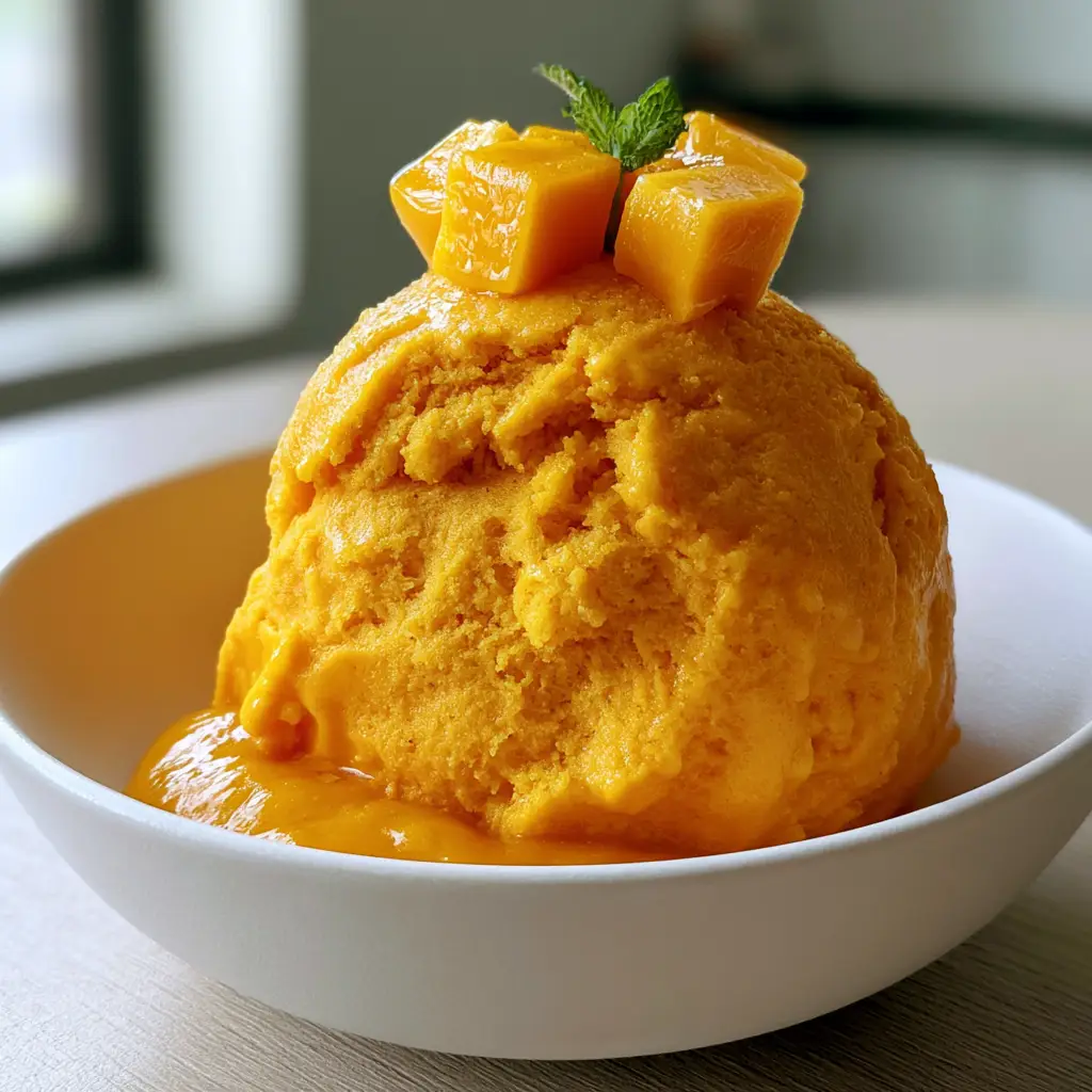 Mango Ice Cream: The Secret to a Velvety No-Churn Tropical Masterpiece 1 Single scoop of mango ice cream in a matte white bowl with mango puree drizzle and fresh mint.
