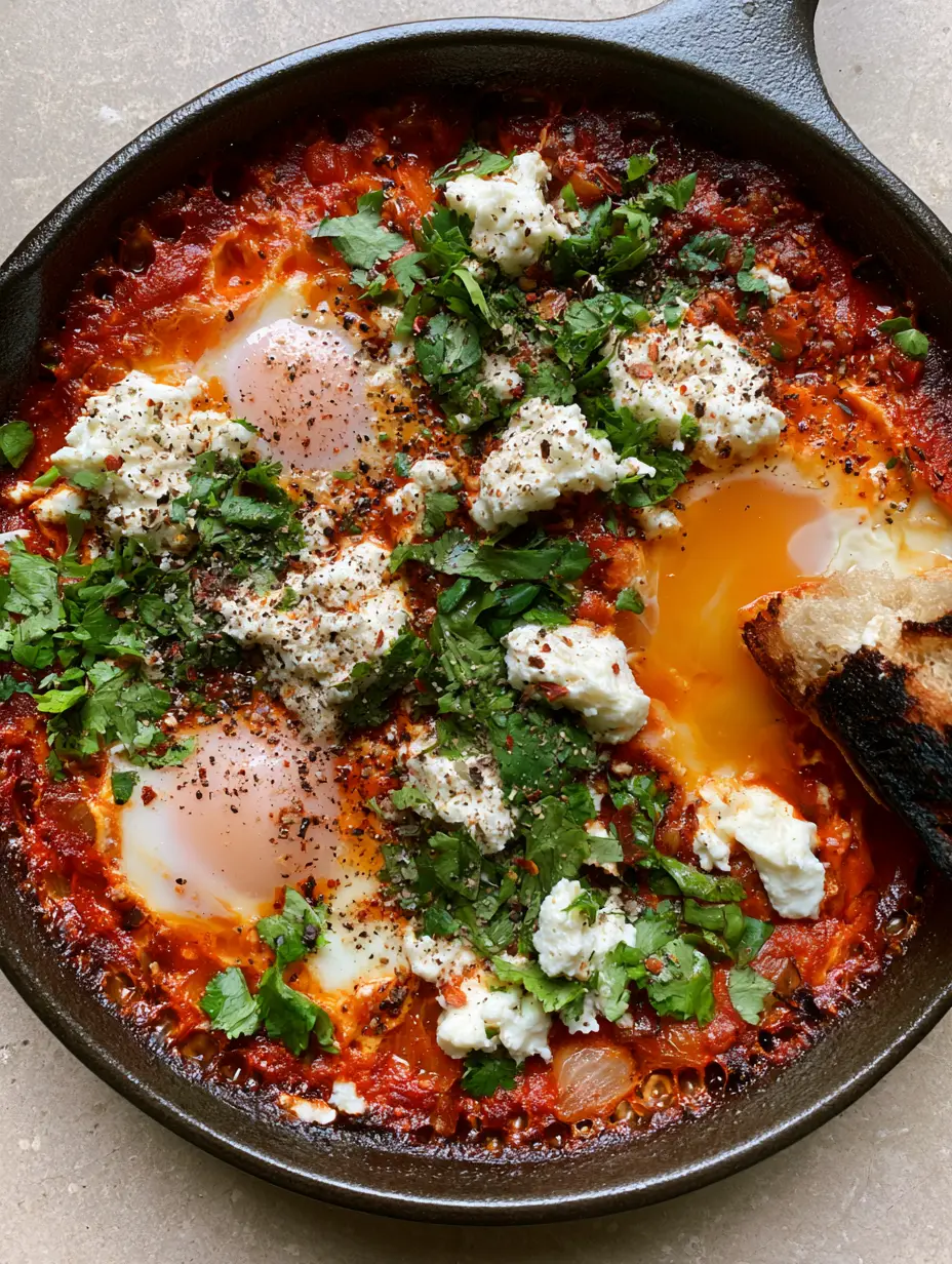 Shakshuka Recipe: The Ultimate Mediterranean Skillet Breakfast 4 A close-up of thick chunky crimson tomato sauce bubbling in a matte black skillet. (shakshuka recipe)