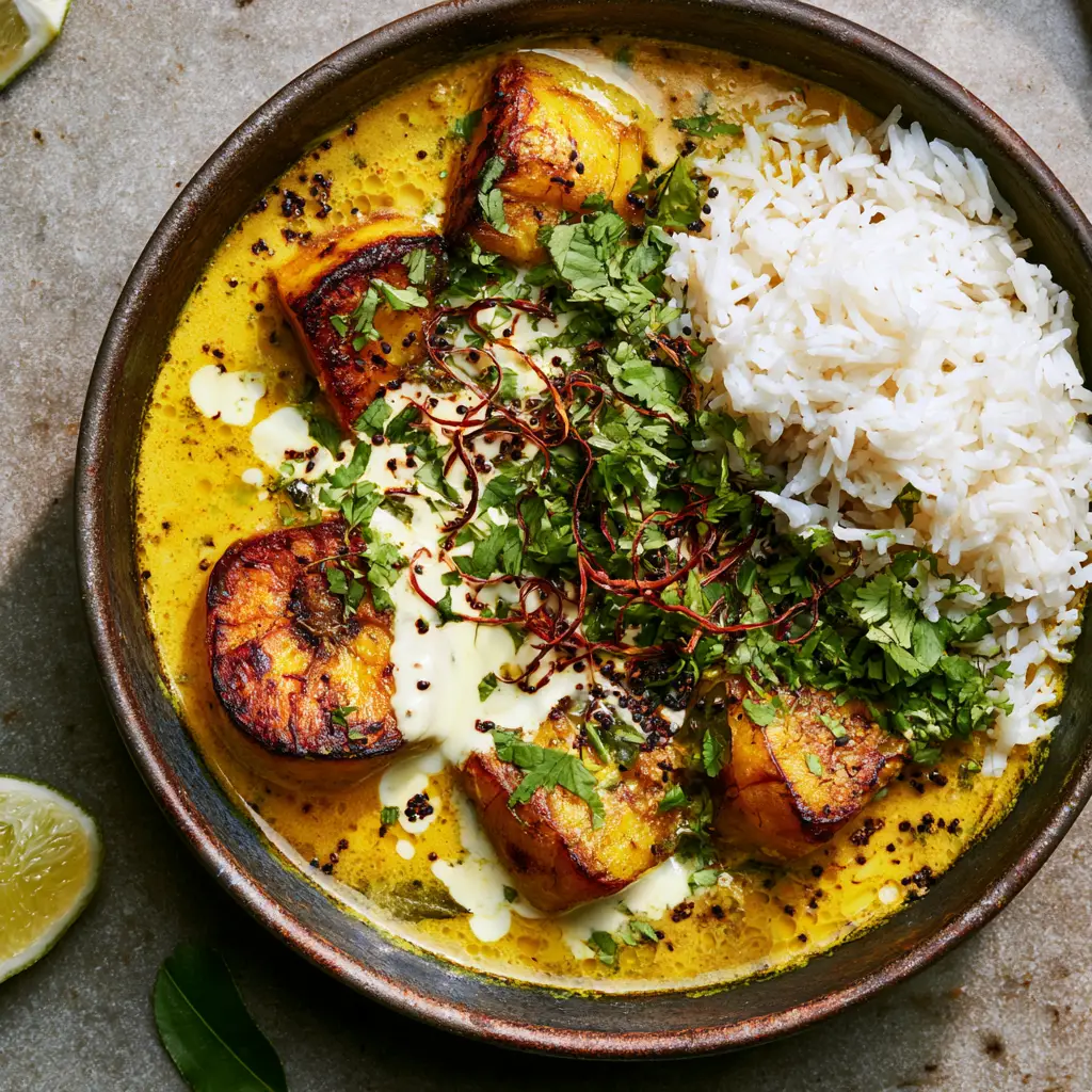 Plantain Curry with Pan-Seared Ripe Plantains and Creamy Coconut Milk 1 Plantain curry served in a rustic bowl next to a mountain of fluffy basmati rice on a grey stone countertop.