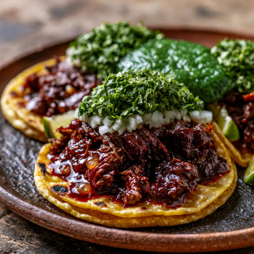 Macro shot of charred corn tortillas and succulent shredded beef drenched in guajillo consomé. (Authentic Mexican Recipes)