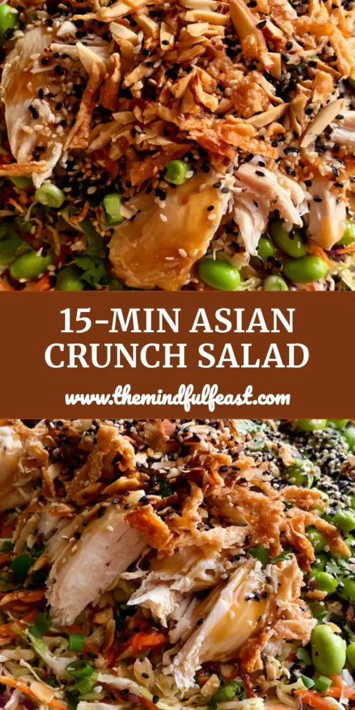 Asian crunch chicken salad: The Ultimate Restaurant-Style Recipe 3 Top-down view of a vibrant Asian crunch chicken salad in a cream bowl with wontons and almonds.