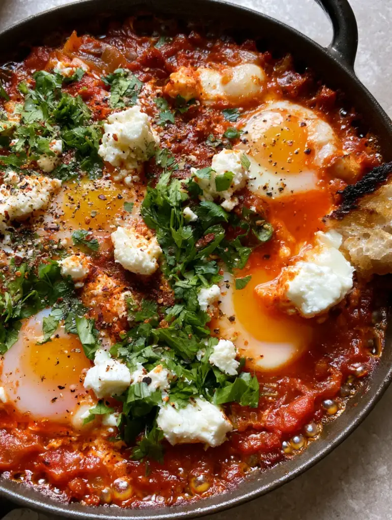 Shakshuka Recipe: The Ultimate Mediterranean Skillet Breakfast 1 Poached eggs with liquid yolks nestled in a red pepper and tomato sauce. (shakshuka recipe)