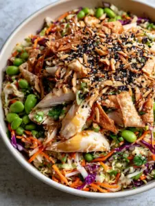 Extreme close-up of Asian crunch chicken salad showing glistening dressing and black sesame seeds.