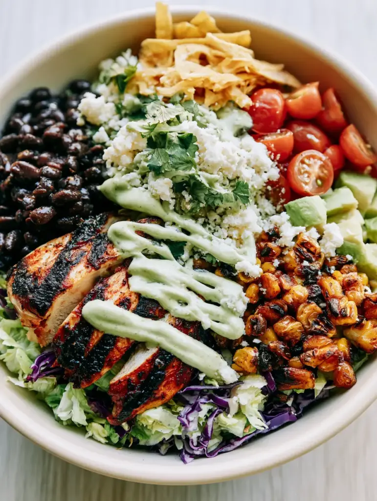 Southwest Chicken Chopped Salad with Creamy Cilantro Lime Dressing 1 Wide shot of the Southwest Chicken Chopped Salad showing the zig-zag dressing pattern and cotija cheese topping.