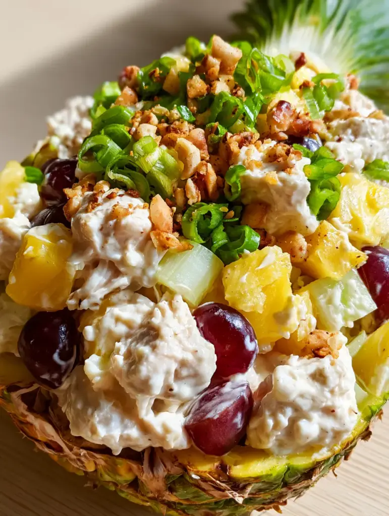 Hawaiian Chicken Salad Served in a Fresh Pineapple Boat 1 Handheld photo of a Hawaiian chicken salad topped with green onions and macadamia nuts.