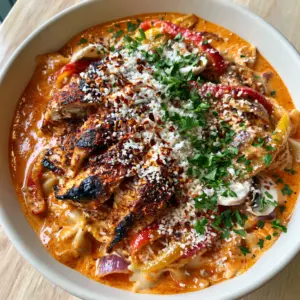 Close up of seared chicken breast with charred edges on top of Cajun creamy pasta. (cheesecake factory cajun creamy pasta)