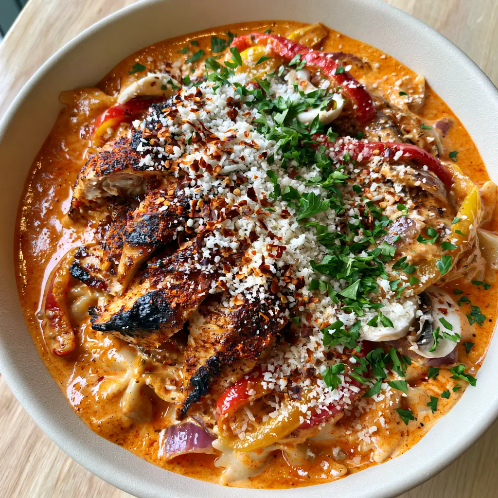 Cheesecake Factory Cajun Creamy Pasta: The Ultimate Louisiana Copycat 2 Close up of seared chicken breast with charred edges on top of Cajun creamy pasta. (cheesecake factory cajun creamy pasta)