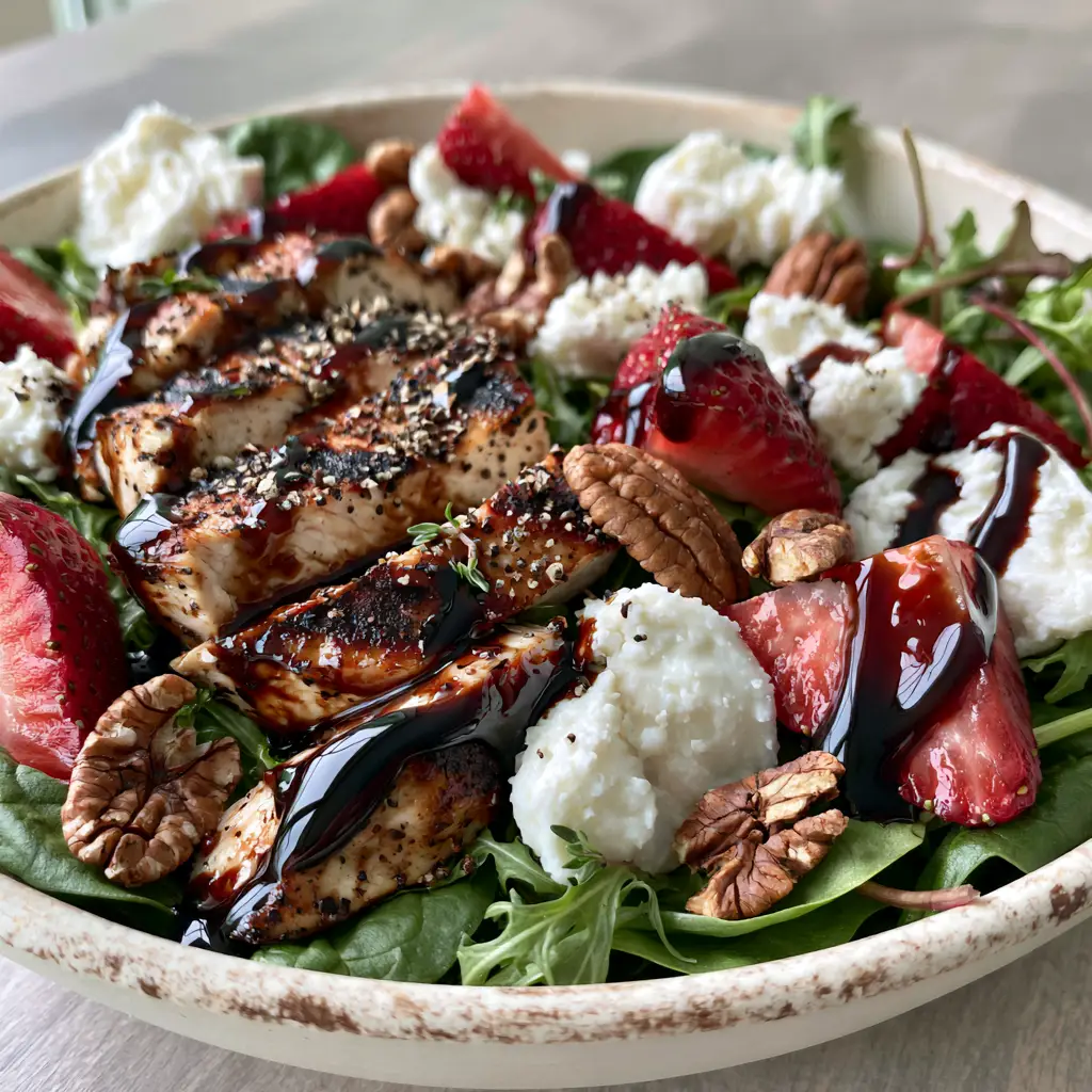 High-quality smartphone photo of strawberry balsamic chicken salad on a wooden tabletop with morning side-light.