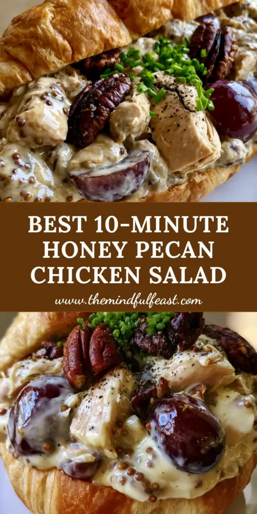 Honey Pecan Chicken Salad on Buttery Toasted Croissants 4 A high-angle macro shot of Honey Pecan Chicken Salad in a flaky toasted croissant, showing glossy honey-mustard dressing and large pecan pieces. (Honey Pecan Chicken Salad)