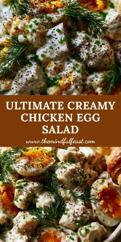 Chicken and Egg Salad with Creamy Yogurt Dressing and Fresh Dill 4 Top-down view of a rustic ceramic bowl filled with chunky chicken and egg salad, garnished with dill and black pepper next to a croissant. (chicken and egg salad)