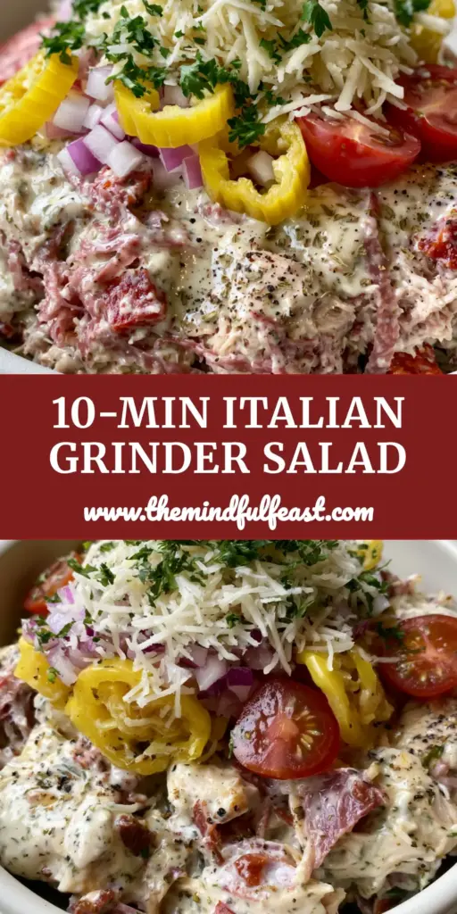 Italian Grinder Chicken Salad: The Ultimate Creamy Deli-Style Lunch 4 A handheld smartphone photo of a vibrant Italian Grinder Chicken Salad in a matte white ceramic bowl featuring shredded chicken, salami ribbons, and pepperoncinis.