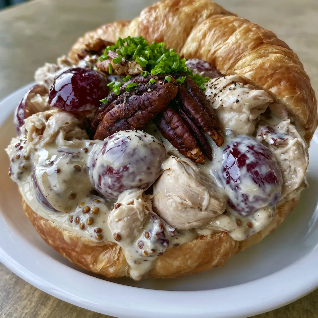Honey Pecan Chicken Salad on Buttery Toasted Croissants 2 Close-up of shredded rotisserie chicken with purple grapes and toasted pecans in a velvety dressing. (Honey Pecan Chicken Salad)