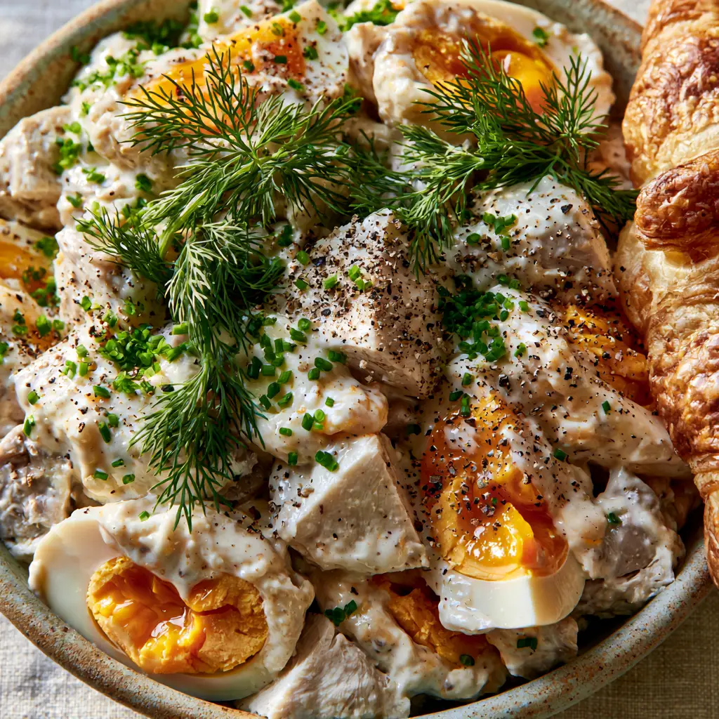 Chicken and Egg Salad with Creamy Yogurt Dressing and Fresh Dill 2 Macro photography of tender poached chicken cubes and jammy eggs in a thick creamy dressing. (chicken and egg salad)