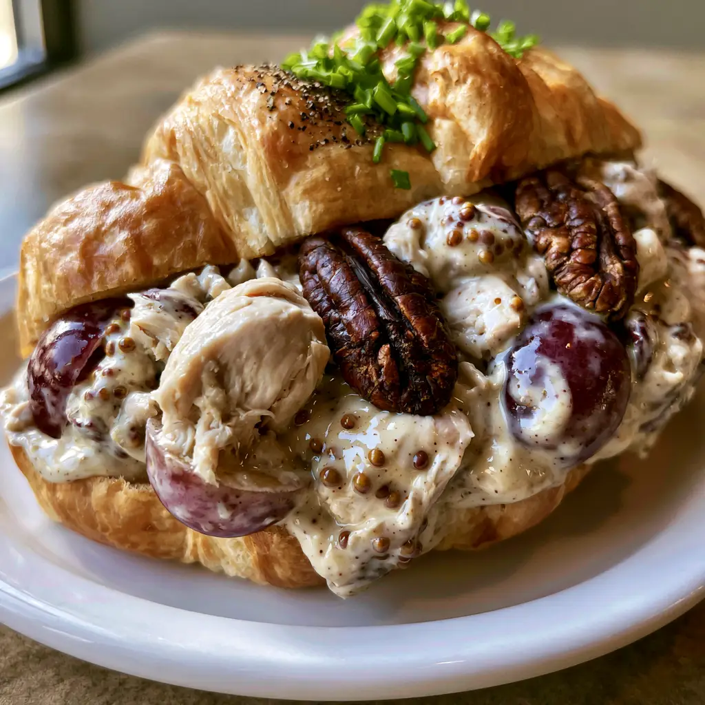Honey Pecan Chicken Salad on Buttery Toasted Croissants 1 Honey Pecan Chicken Salad served on a white ceramic plate over a neutral bistro table with natural side-lighting.