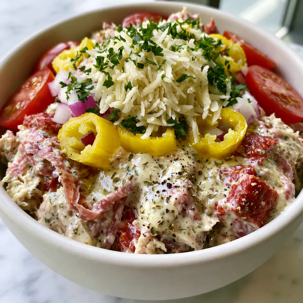 Italian Grinder Chicken Salad: The Ultimate Creamy Deli-Style Lunch 2 Close-up of Italian Grinder Chicken Salad showing glossy herb dressing and visible flakes of oregano on shredded chicken and pepperoni cubes. (Italian Grinder Chicken Salad)