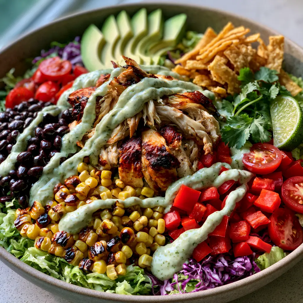 Tex-Mex Chicken Chopped Salad with Creamy Cilantro Lime Dressing 2 Close-up of a Tex-Mex Chicken Chopped Salad featuring ribbons of creamy cilantro lime dressing and crispy tortilla strips.
