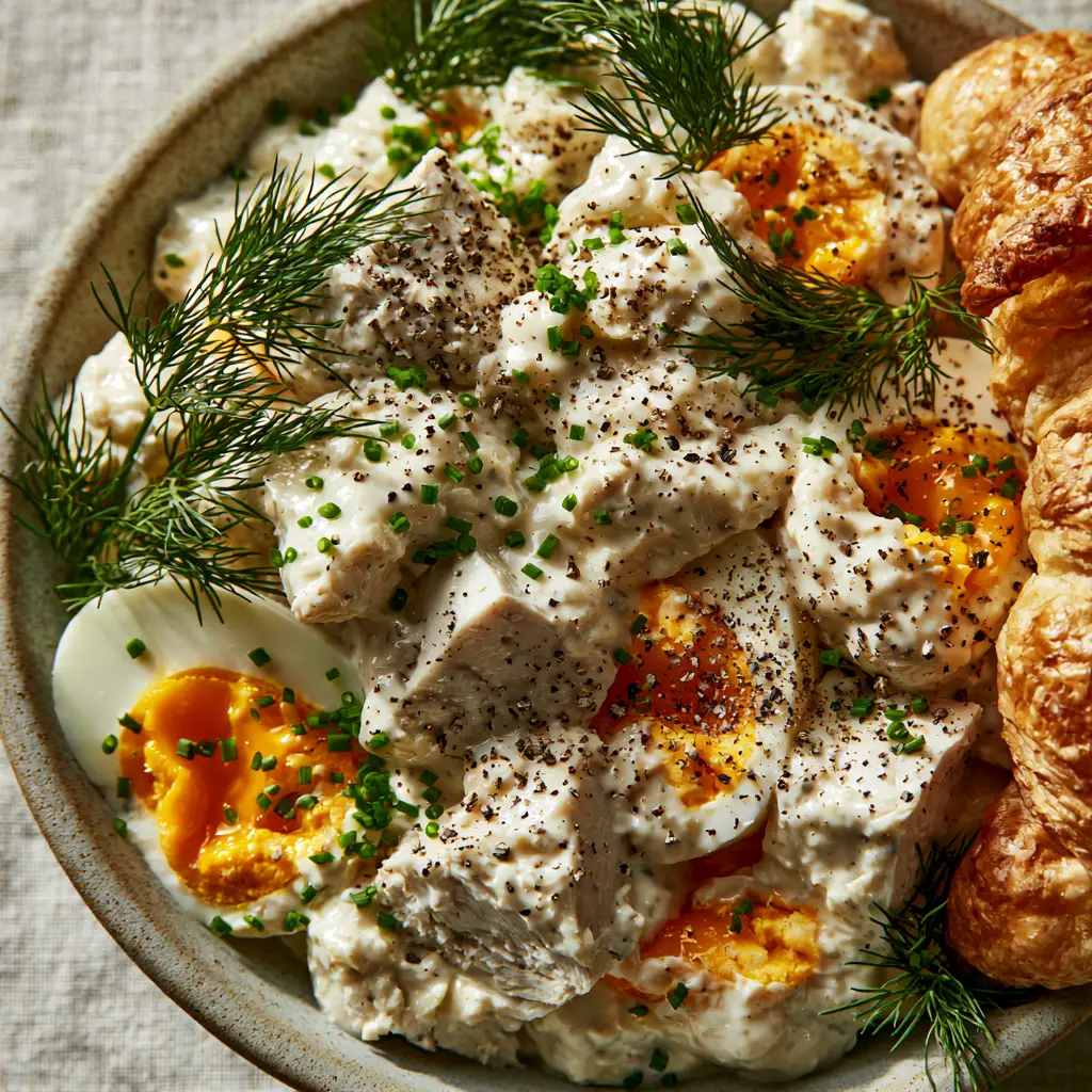 Chicken and Egg Salad with Creamy Yogurt Dressing and Fresh Dill 1 Close-up of fresh dill and cracked black pepper over a glossy chicken and egg salad base.