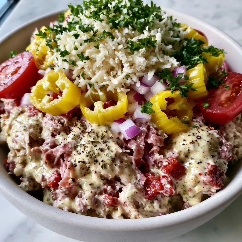 Italian Grinder Chicken Salad: The Ultimate Creamy Deli-Style Lunch 1 Authentic handheld photo of Italian Grinder Chicken Salad in a white bowl on a marble surface, topped with fresh parsley and shredded provolone.