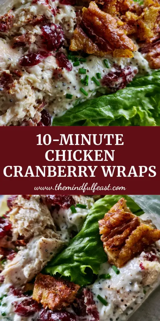 A stack of Chicken Cranberry Pecan Salad Wraps showing a colorful cross-section of chunky chicken, ruby cranberries, and green butter lettuce. (Chicken Cranberry Pecan Salad Wraps)