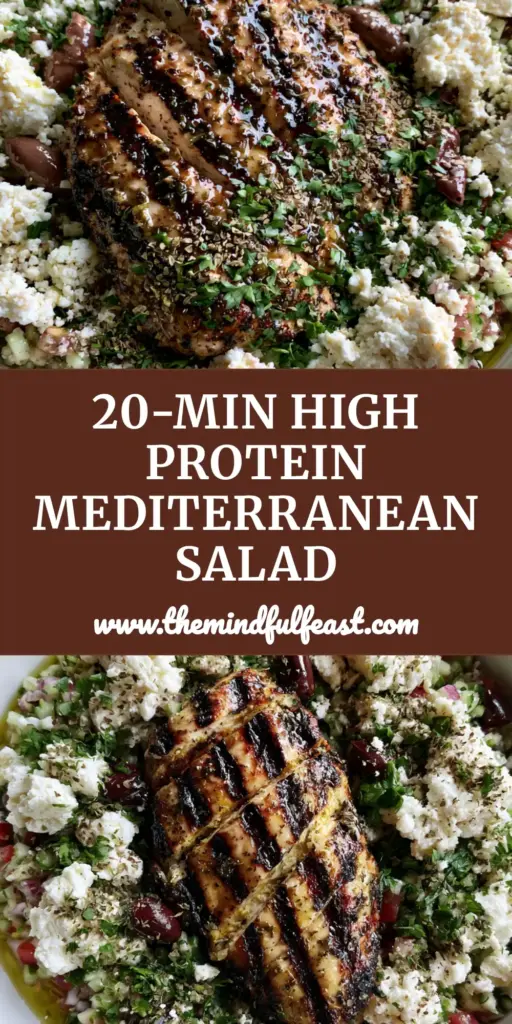 An overhead view of a wide white ceramic bowl containing a Mediterranean Grilled Chicken Salad Recipe with char-marked chicken breast, feta, and olives.