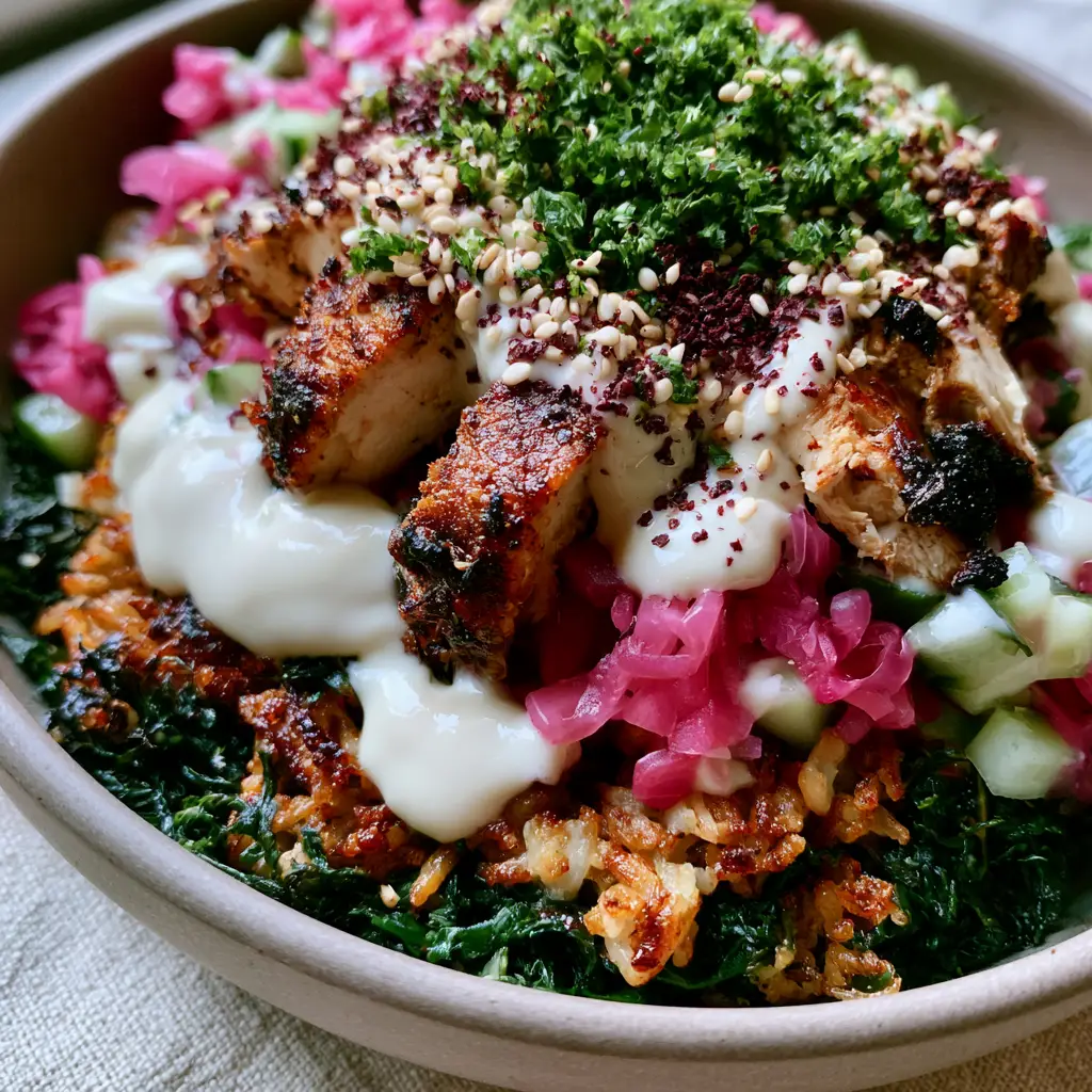 Chicken shawarma crispy rice salad with Garlic Tahini Drizzle 2 Macro view of charred chicken shawarma slices and crispy basmati rice with pink pickled onions. (Chicken shawarma crispy rice salad)