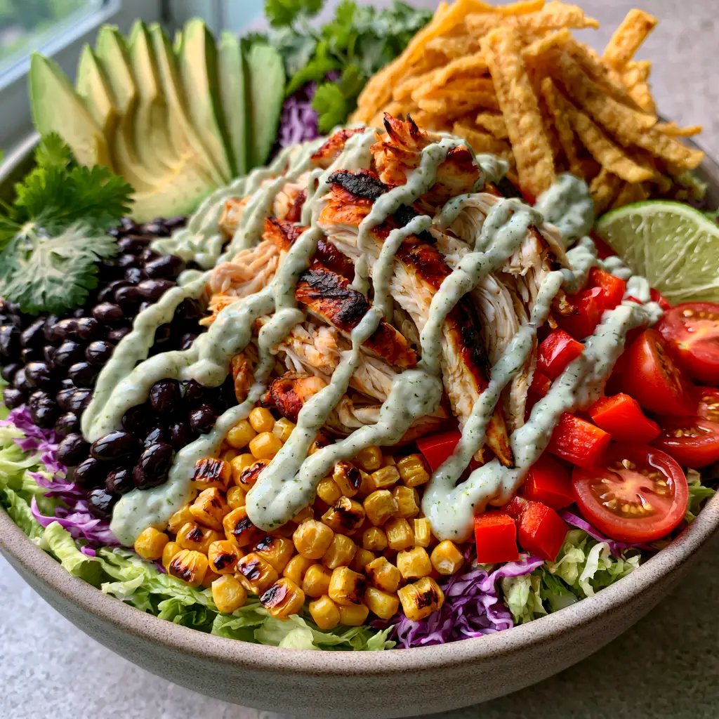 Tex-Mex Chicken Chopped Salad with Creamy Cilantro Lime Dressing 1 A wide shot of the Tex-Mex Chicken Chopped Salad on a clean kitchen counter in natural daylight.
