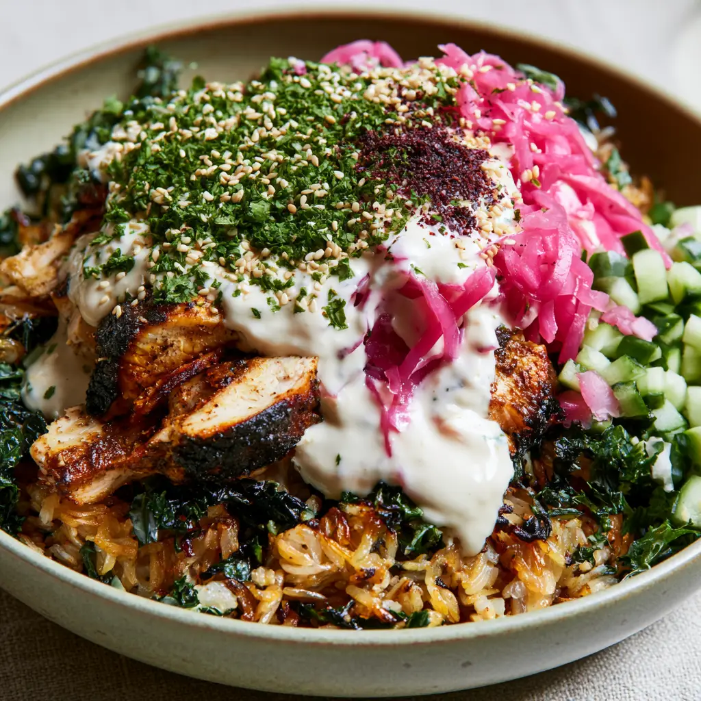 Chicken shawarma crispy rice salad with Garlic Tahini Drizzle 1 Mediterranean grain bowl with thick garlic tahini drizzle, sumac, and sesame seeds. (Chicken shawarma crispy rice salad)