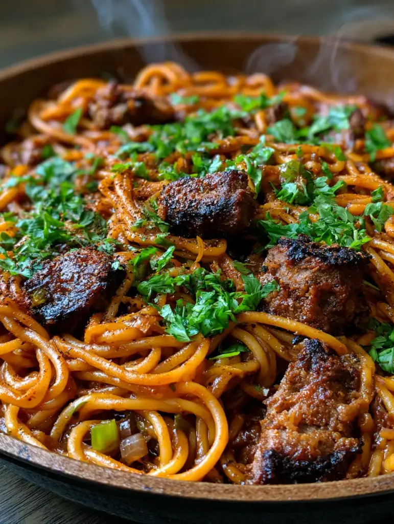 Cajun Dirty Spaghetti: A Bold Skillet Pasta Recipe with Charred Beef 1 Extreme close-up of al dente spaghetti noodles coated in a rich Cajun sauce with green bell peppers and parsley. (Cajun dirty spaghetti)