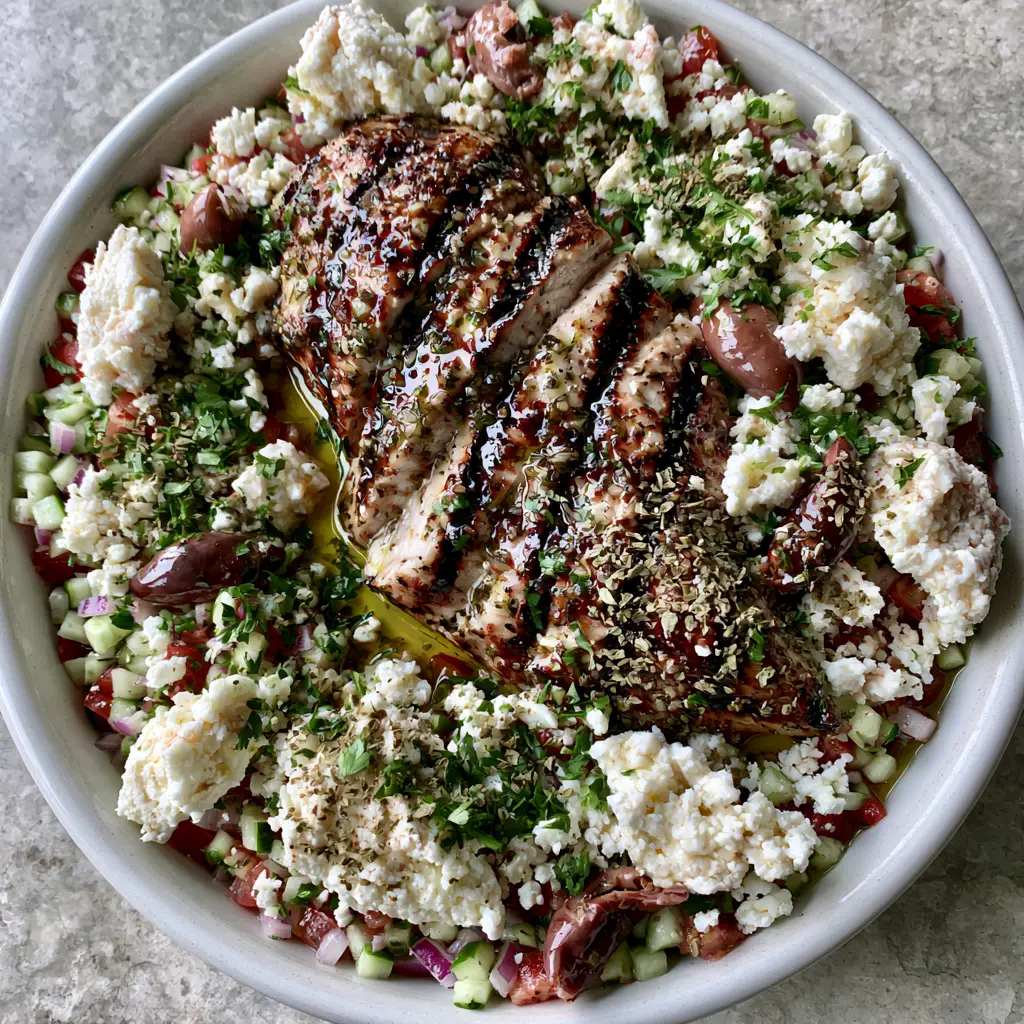 A wide ceramic bowl filled with vibrant diced Mediterranean vegetables, feta, and oily kalamata olives. (Mediterranean Grilled Chicken Salad Recipe)