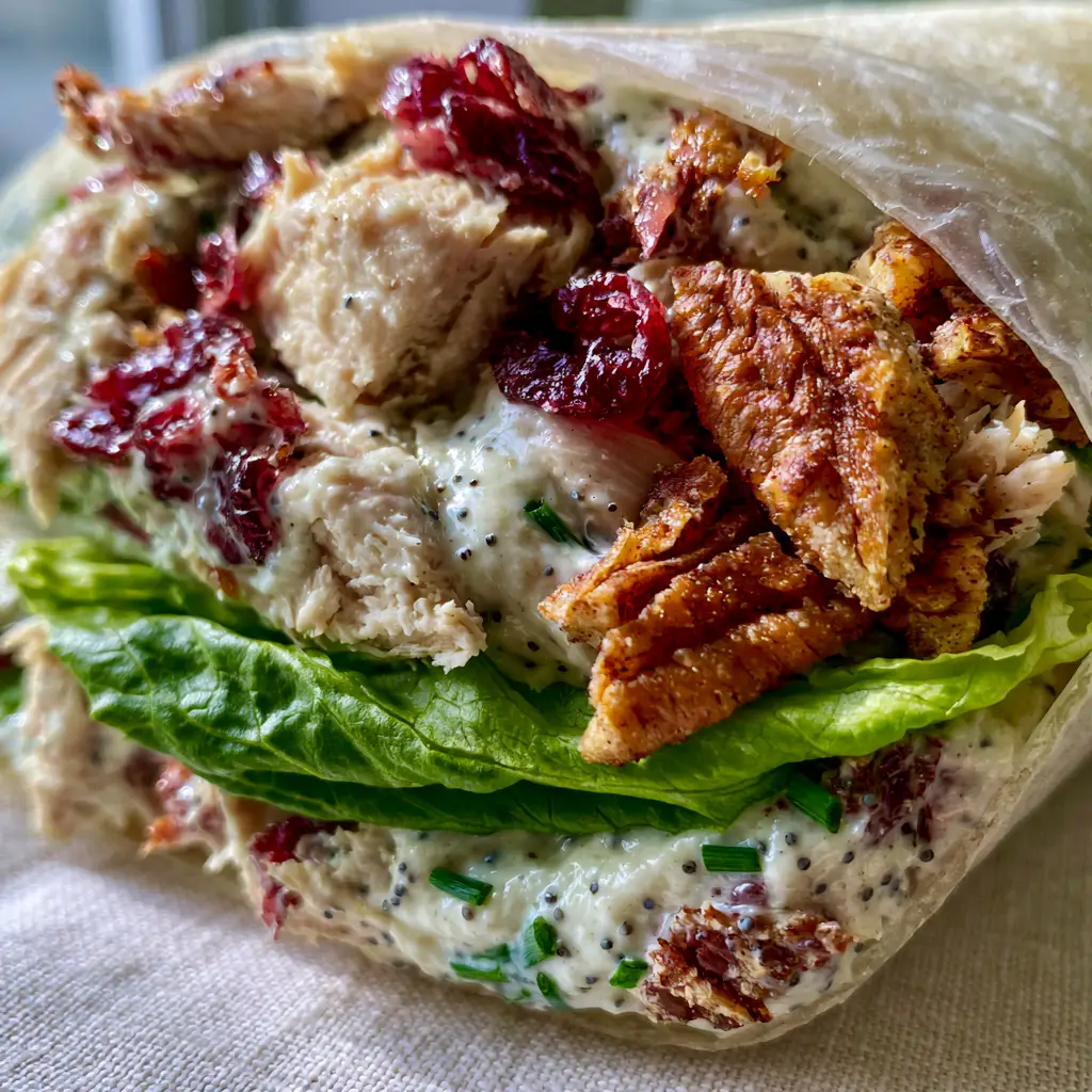 A close-up of a Chicken Cranberry Pecan Salad Wrap featuring plump dried cranberries and a fresh butter lettuce barrier.