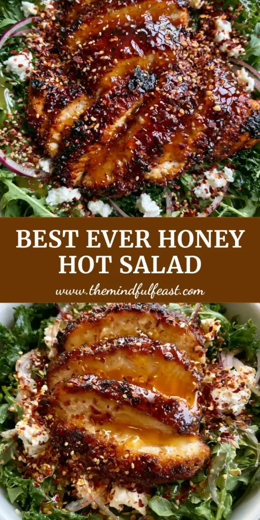A top-down smartphone photo of a vibrant honey hot chicken salad bowl with glistening amber glazed chicken, fresh baby kale, arugula, red onion, and crumbled goat cheese.