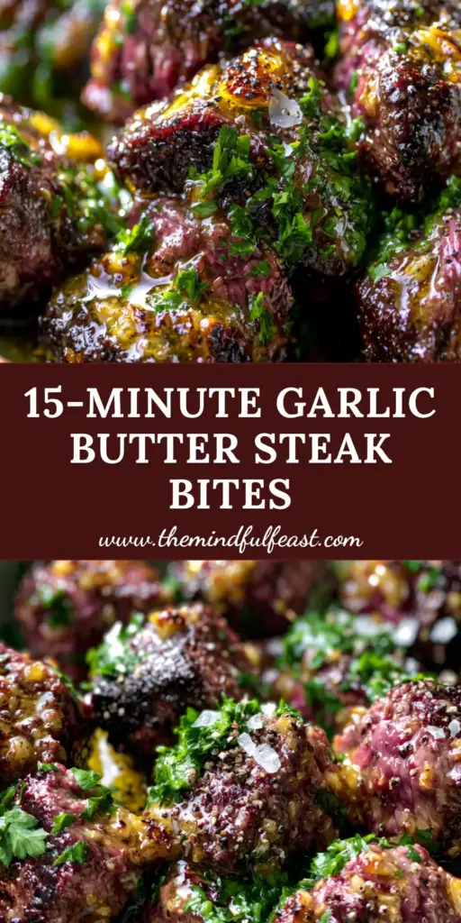 Steak Dinner Ideas: Glistening Garlic Butter Sirloin Steak Bites 4 A top-down view of garlic butter steak bites in a ceramic bowl, showing the glistening sauce and fresh parsley garnish. (steak dinner ideas)